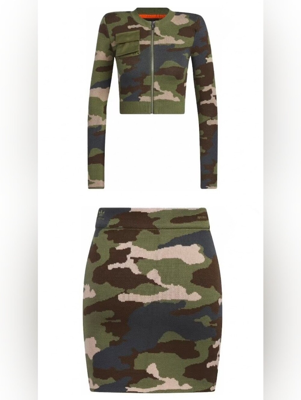 NWT adidas x Ivy Park Green & Brown Camouflage Knit Set Large Top Medium Skirt